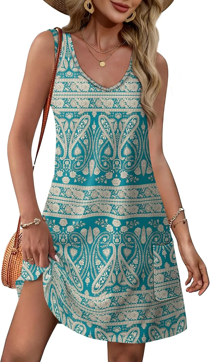 OFEEFAN Womens Summer Dresses 2025 Loose V Neck Sleeveless Sundresses Swimsuit Coverup with Pockets Floral/Plain/Eyelet