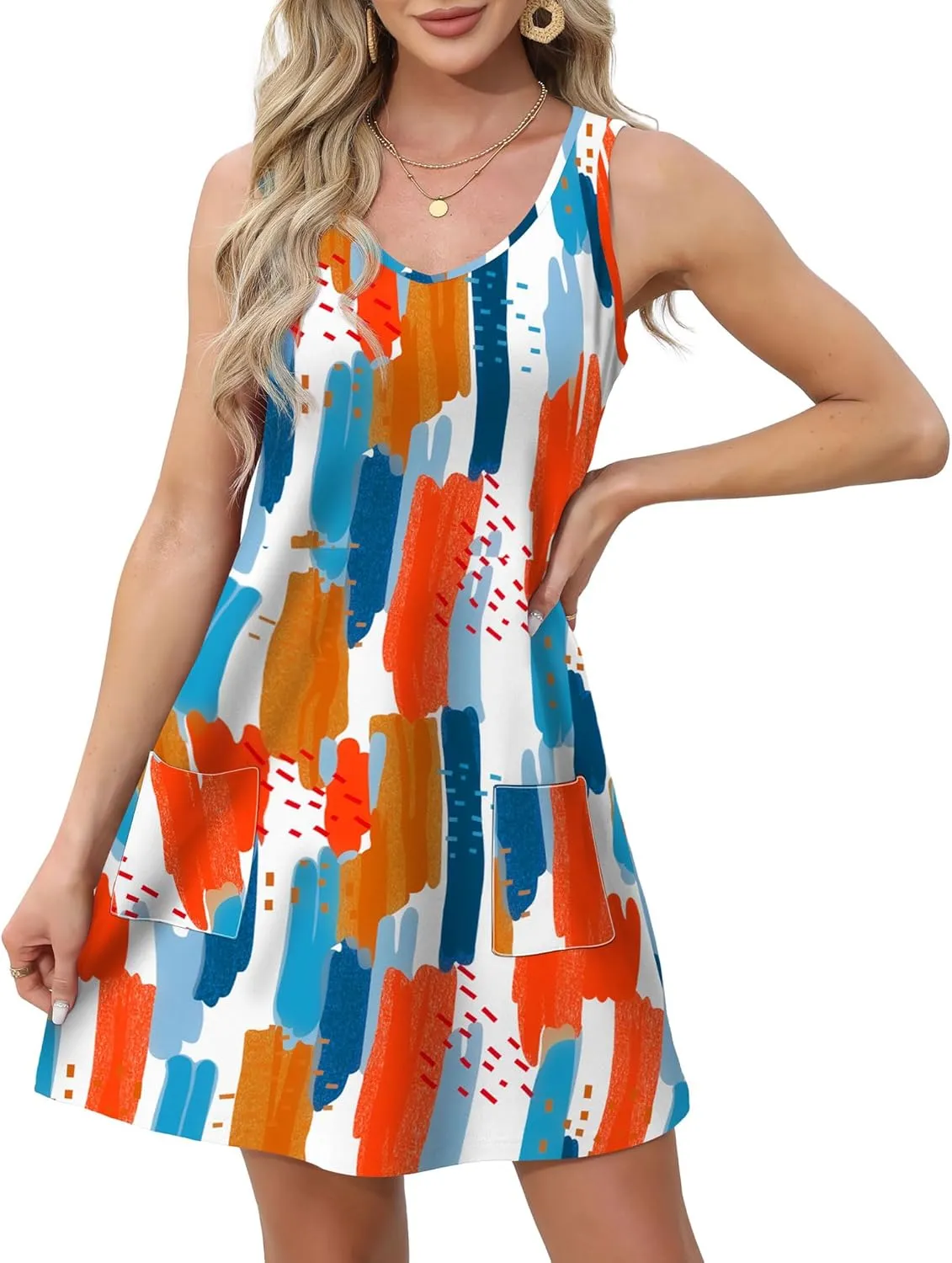 OFEEFAN Womens Summer Dresses 2025 Loose V Neck Sleeveless Sundresses Swimsuit Coverup with Pockets Floral/Plain/Eyelet