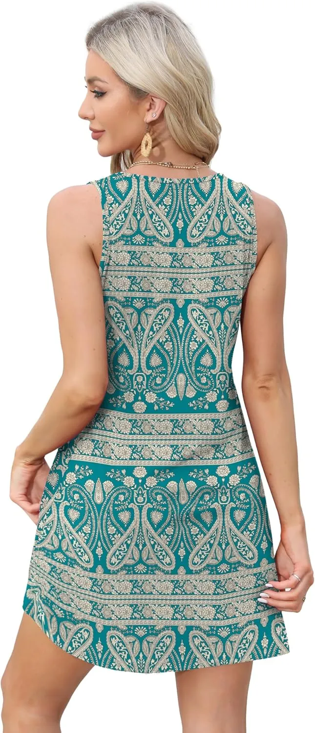 OFEEFAN Womens Summer Dresses 2025 Loose V Neck Sleeveless Sundresses Swimsuit Coverup with Pockets Floral/Plain/Eyelet