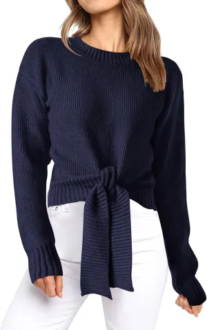 Okiwam Women's Long Sleeve Cropped Knit Sweater Tie Front Crew Neck Solid Color Ribbed Pullover 2025 Casual Tops Jumper