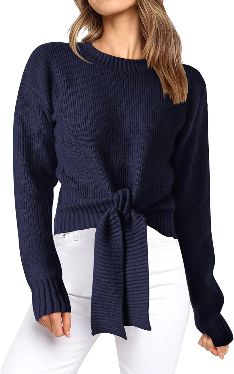 Okiwam Women's Long Sleeve Cropped Knit Sweater Tie Front Crew Neck Solid Color Ribbed Pullover 2025 Casual Tops Jumper