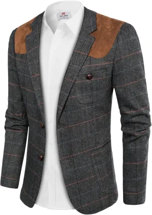 PJ PAUL JONES Men's Blazer Herringbone Tweed Sport Coats Two Button Wool Blend Formal Jacket