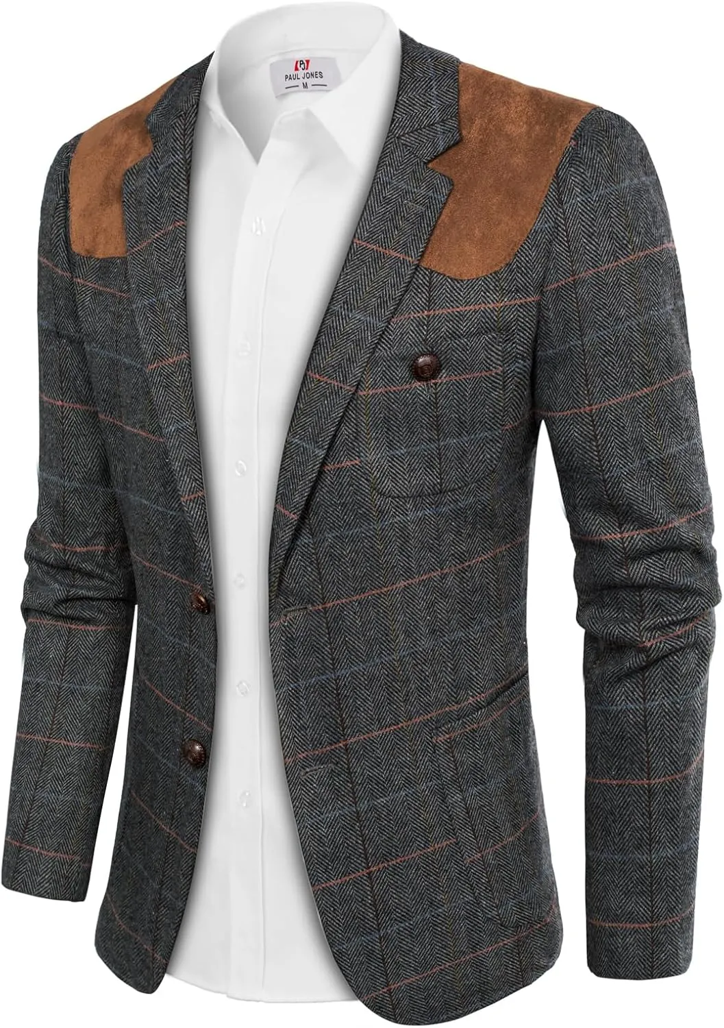 PJ PAUL JONES Men's Blazer Herringbone Tweed Sport Coats Two Button Wool Blend Formal Jacket