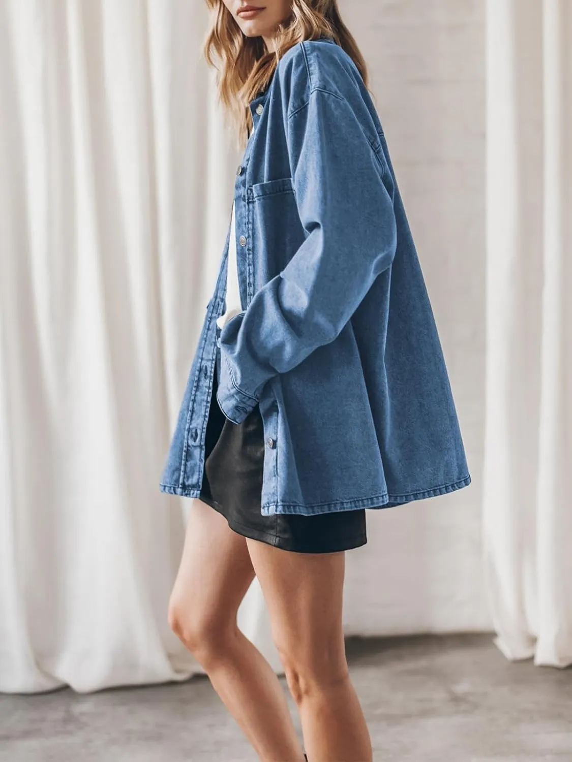 PLNOTME Womens Oversized Jean Jacket Casual Button Up Denim Overshirt Trendy Long Sleeve Denim Jacket Coat