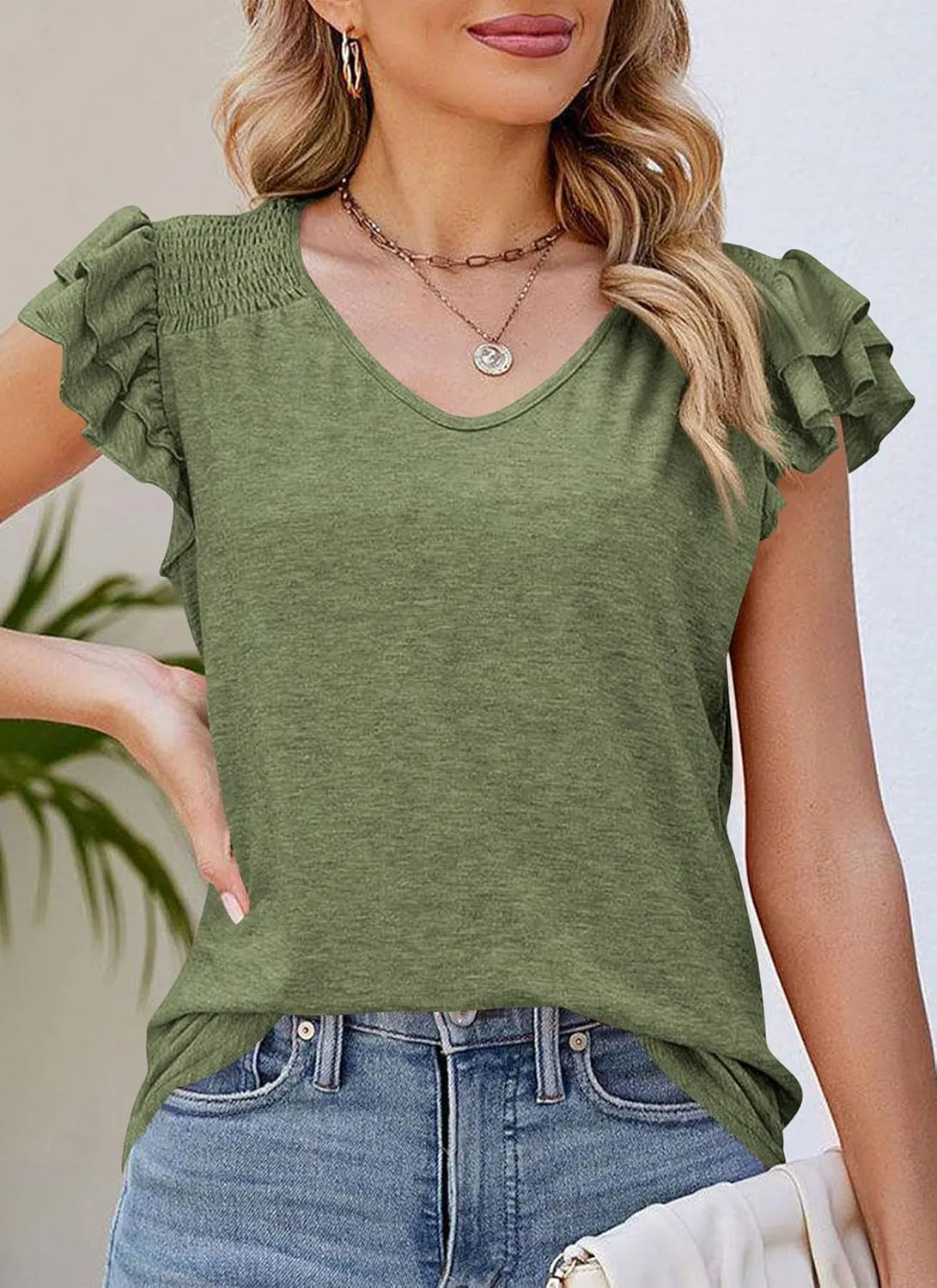PRETTYGARDEN Summer Tops for Women 2025 Spring Trendy Fashion Clothes Casual Ruffle V Neck Short Sleeve Shirts Blouses