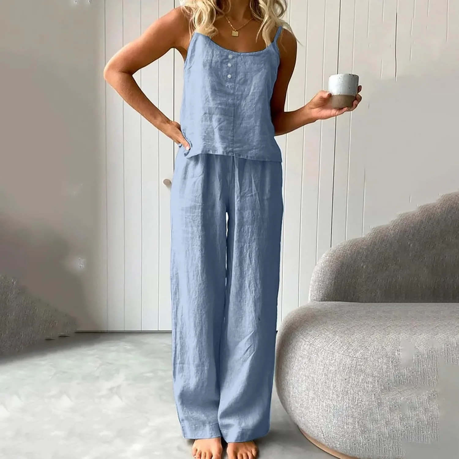 PTOLOCIF Women's Summer Two Piece Outfits Square Neck Spaghetti Strappy Cropped Tank Tops Long Pants Cotton Matching Sets