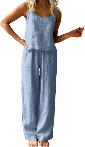 PTOLOCIF Women's Summer Two Piece Outfits Square Neck Spaghetti Strappy Cropped Tank Tops Long Pants Cotton Matching Sets