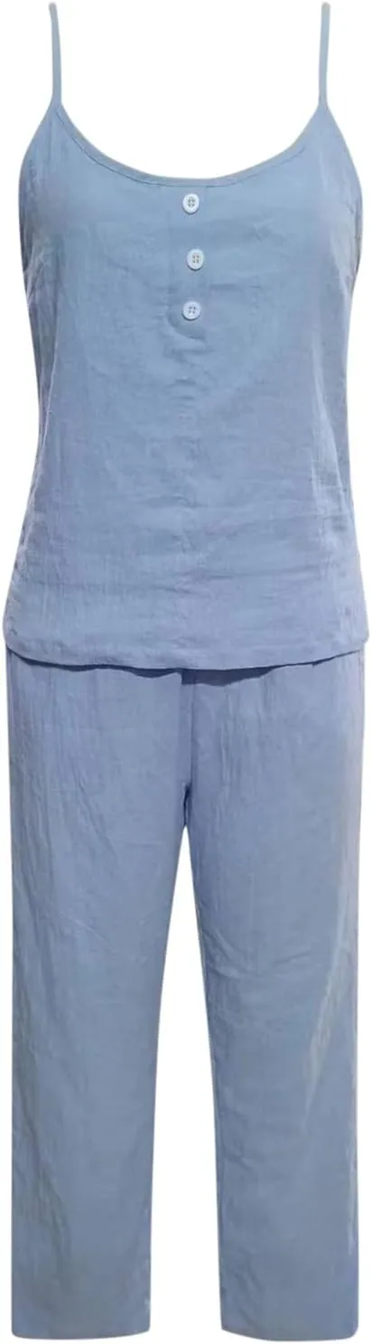 PTOLOCIF Women's Summer Two Piece Outfits Square Neck Spaghetti Strappy Cropped Tank Tops Long Pants Cotton Matching Sets