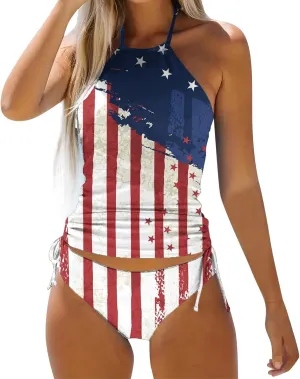 PTOLOCIF Womens Two Pieces Bathing Suit Independence Day Tankini Swimsuits Halter Neck Tank Tops with Bottoms Modest Swimwear