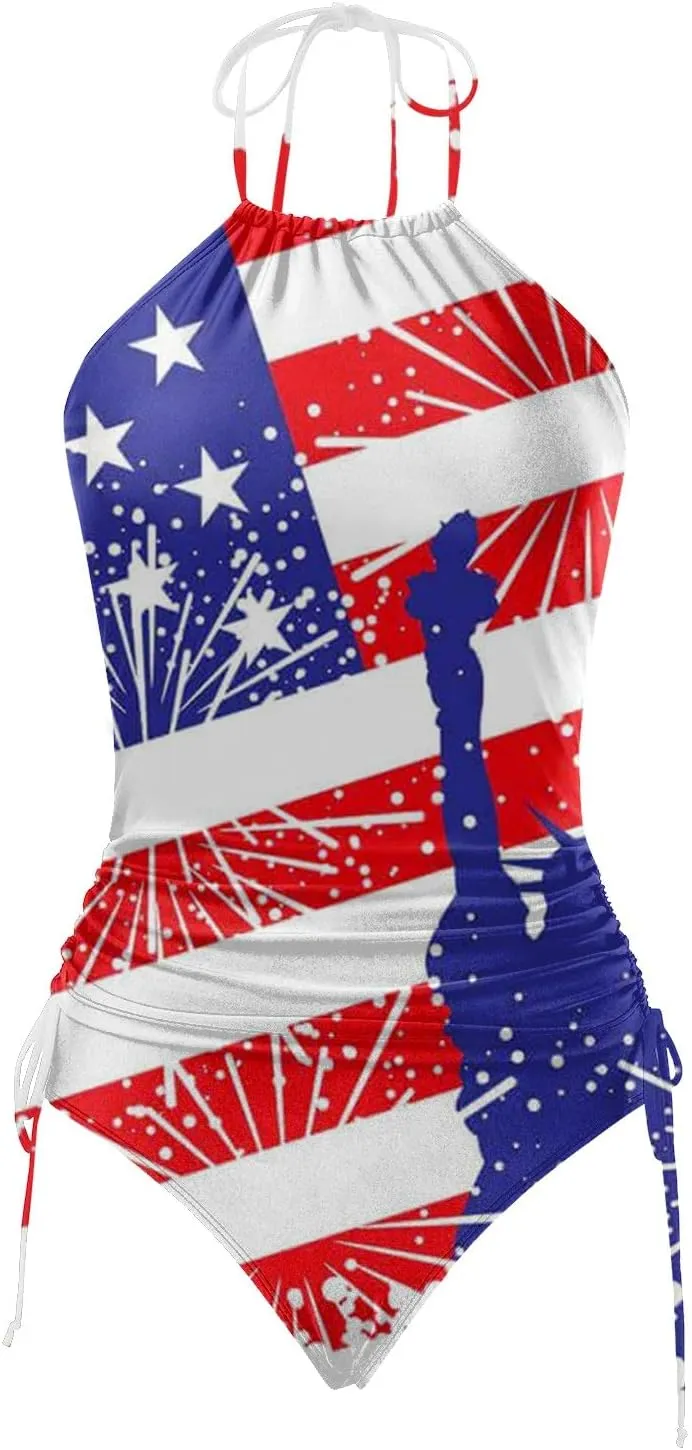 PTOLOCIF Womens Two Pieces Bathing Suit Independence Day Tankini Swimsuits Halter Neck Tank Tops with Bottoms Modest Swimwear