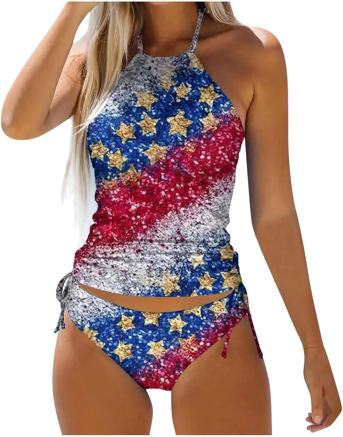 PTOLOCIF Womens Two Pieces Bathing Suit Independence Day Tankini Swimsuits Halter Neck Tank Tops with Bottoms Modest Swimwear