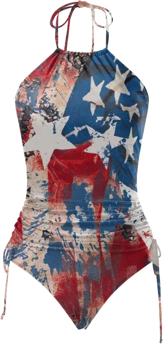 PTOLOCIF Womens Two Pieces Bathing Suit Independence Day Tankini Swimsuits Halter Neck Tank Tops with Bottoms Modest Swimwear