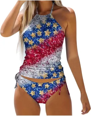 PTOLOCIF Womens Two Pieces Bathing Suit Independence Day Tankini Swimsuits Halter Neck Tank Tops with Bottoms Modest Swimwear
