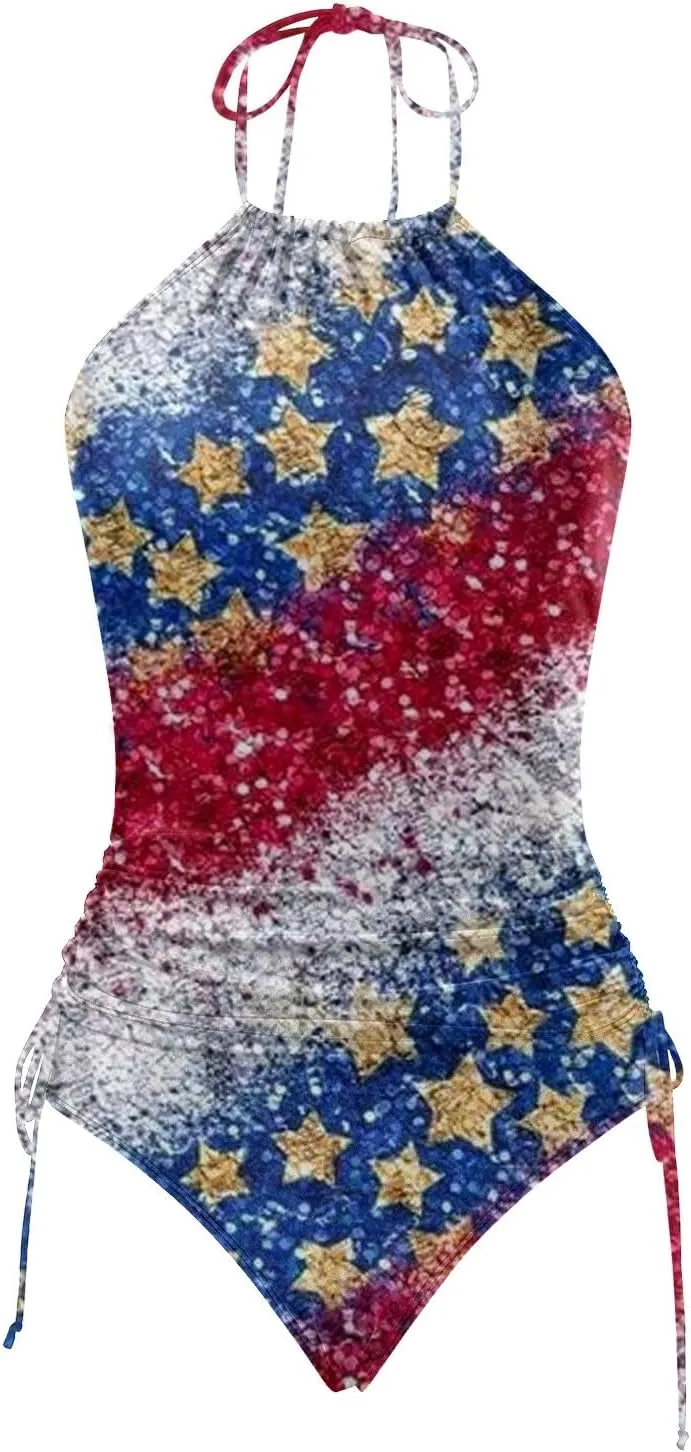 PTOLOCIF Womens Two Pieces Bathing Suit Independence Day Tankini Swimsuits Halter Neck Tank Tops with Bottoms Modest Swimwear