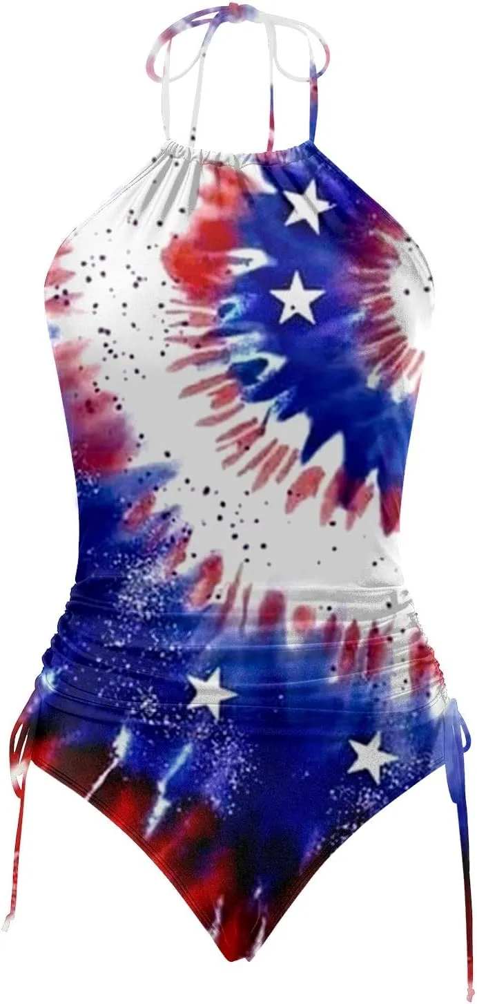 PTOLOCIF Womens Two Pieces Bathing Suit Independence Day Tankini Swimsuits Halter Neck Tank Tops with Bottoms Modest Swimwear