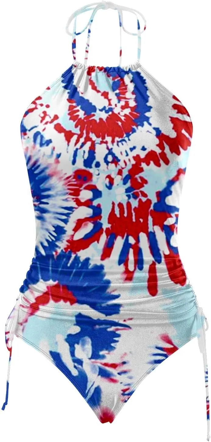 PTOLOCIF Womens Two Pieces Bathing Suit Independence Day Tankini Swimsuits Halter Neck Tank Tops with Bottoms Modest Swimwear