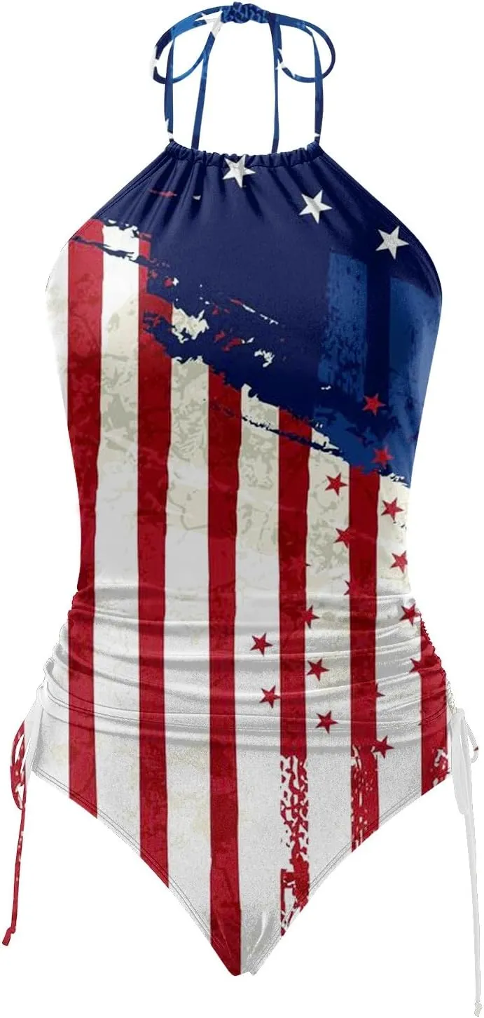 PTOLOCIF Womens Two Pieces Bathing Suit Independence Day Tankini Swimsuits Halter Neck Tank Tops with Bottoms Modest Swimwear