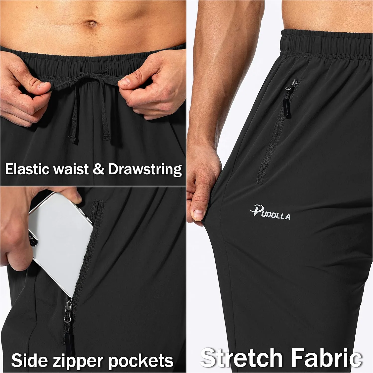 Pudolla Men's Workout Athletic Pants Elastic Waist Jogging Running Pants for Men with Zipper Pockets