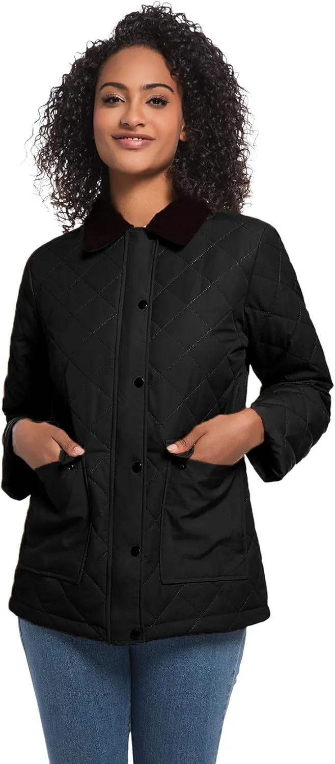 Quilted Barn Jacket for Women Corduroy Collar Lightweight Puffer Jackets Casual Winter Coat with Pockets