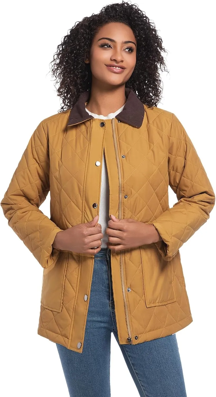 Quilted Barn Jacket for Women Corduroy Collar Lightweight Puffer Jackets Casual Winter Coat with Pockets