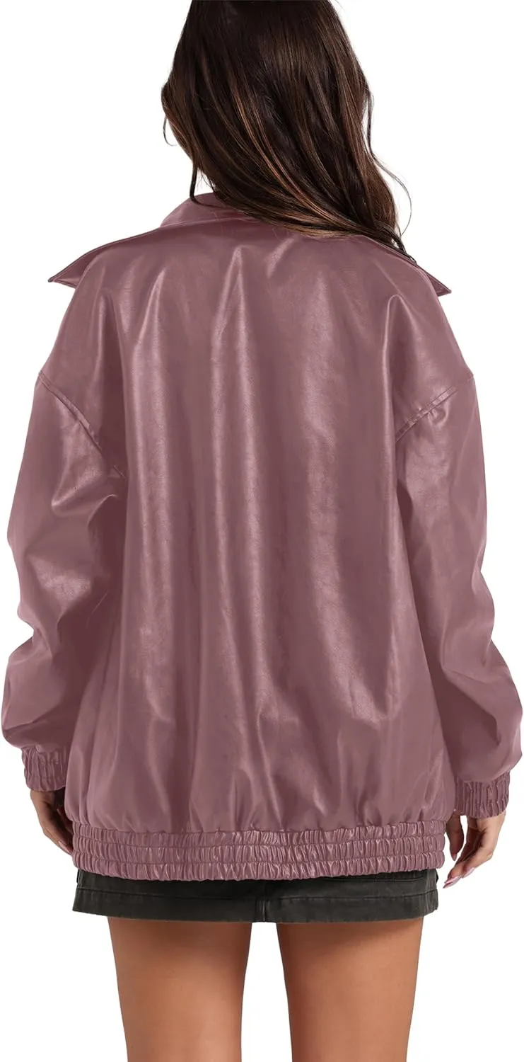 SAMPEEL Leather Jacket Women Faux Oversized Motorcycle Bomber Coats 2024 Fall Fashion Outfits Winter Clothes