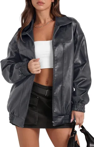 SAMPEEL Leather Jacket Women Faux Oversized Motorcycle Bomber Coats 2024 Fall Fashion Outfits Winter Clothes