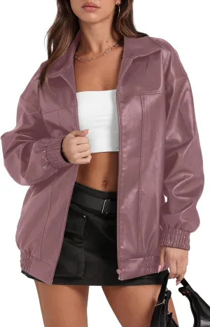 SAMPEEL Leather Jacket Women Faux Oversized Motorcycle Bomber Coats 2024 Fall Fashion Outfits Winter Clothes