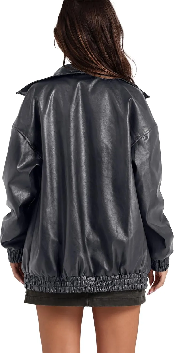 SAMPEEL Leather Jacket Women Faux Oversized Motorcycle Bomber Coats 2024 Fall Fashion Outfits Winter Clothes
