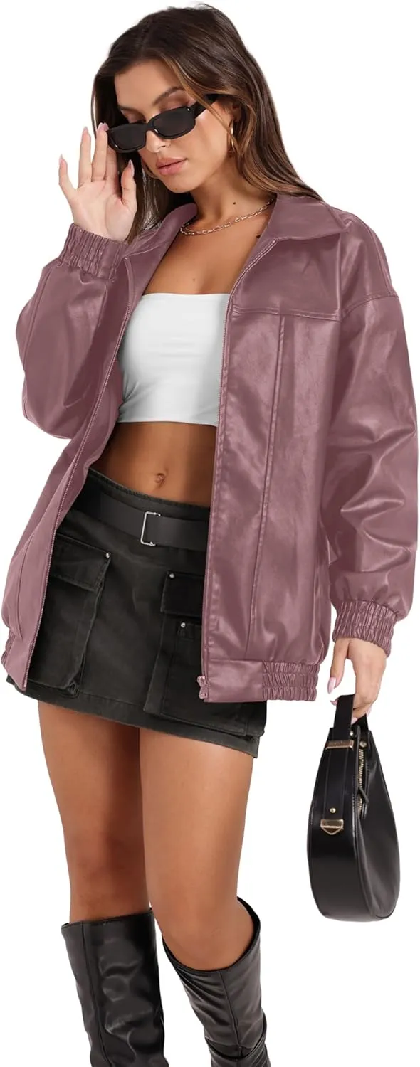SAMPEEL Leather Jacket Women Faux Oversized Motorcycle Bomber Coats 2024 Fall Fashion Outfits Winter Clothes