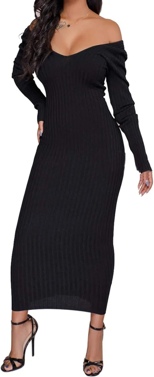 SheKiss Women's Off Shoulder Long Sleeves Bodycon Sweater Dress Sexy Knit Slim Cardigans