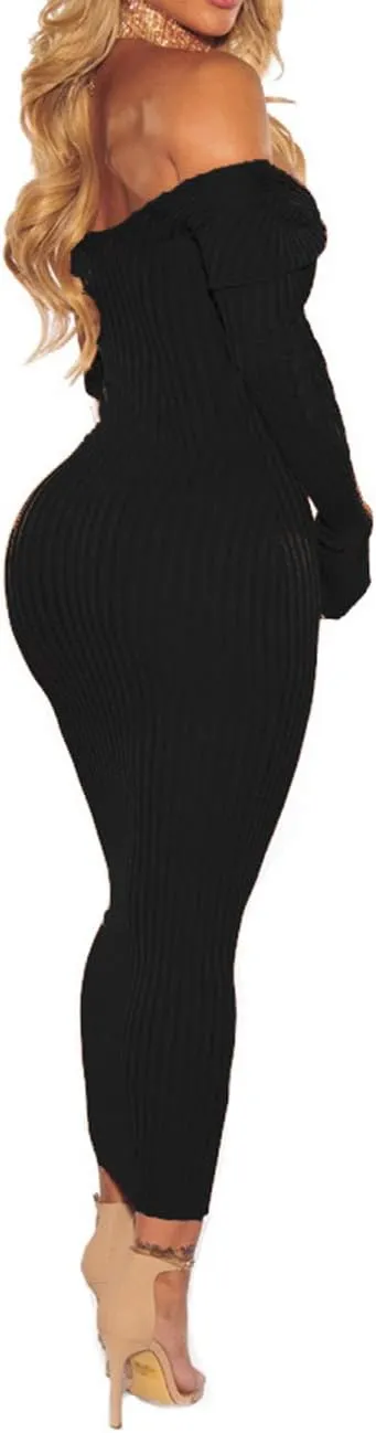 SheKiss Women's Off Shoulder Long Sleeves Bodycon Sweater Dress Sexy Knit Slim Cardigans
