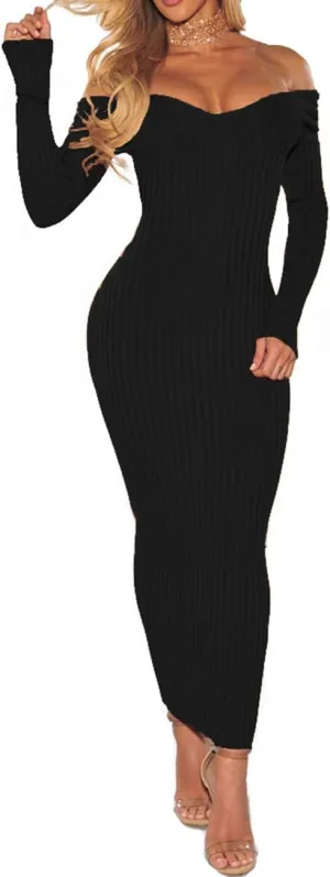 SheKiss Women's Off Shoulder Long Sleeves Bodycon Sweater Dress Sexy Knit Slim Cardigans