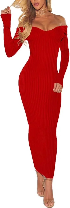 SheKiss Women's Off Shoulder Long Sleeves Bodycon Sweater Dress Sexy Knit Slim Cardigans
