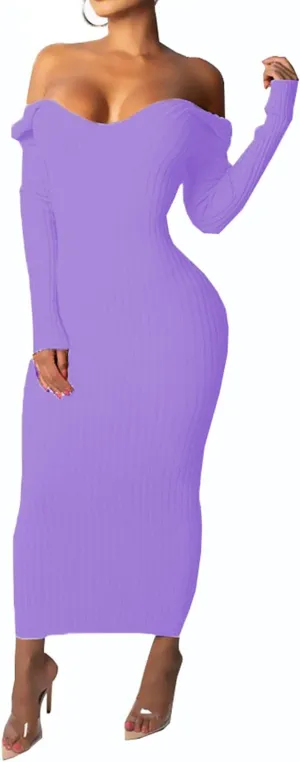 SheKiss Women's Off Shoulder Long Sleeves Bodycon Sweater Dress Sexy Knit Slim Cardigans
