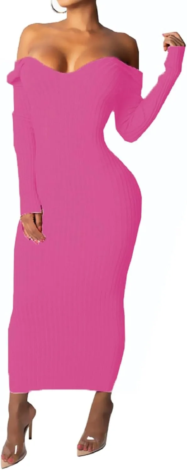 SheKiss Women's Off Shoulder Long Sleeves Bodycon Sweater Dress Sexy Knit Slim Cardigans