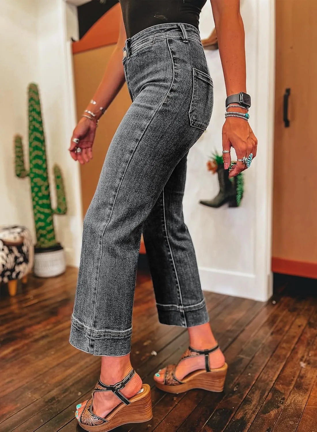 SHEWIN Wide Leg Jeans for Women Trendy High Waisted Flare Jeans Stretchy Straight Leg Ankle Denim Pants with Pockets