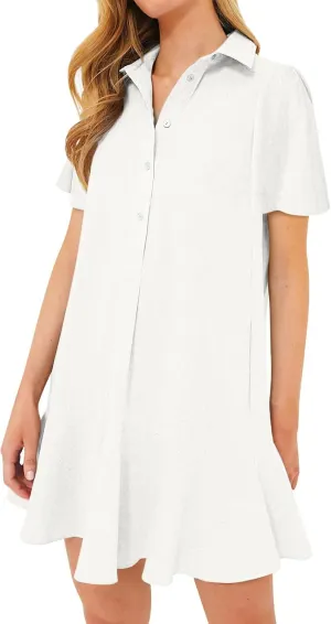 Shirt Dresses for Women Casual Short Sleeve Cotton Linen Mini Dresses Fashion V Neck Button Up Ruffle Hem Shift Dress