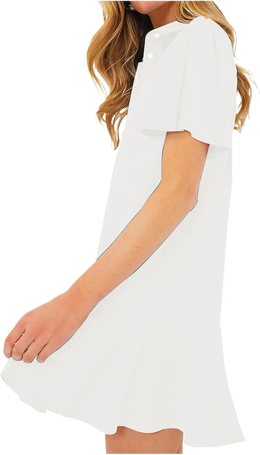 Shirt Dresses for Women Casual Short Sleeve Cotton Linen Mini Dresses Fashion V Neck Button Up Ruffle Hem Shift Dress