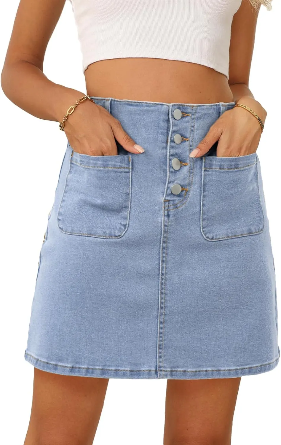 Sidefeel Women's Jean Skirt High Waist Summer Stretch Zimbaplatinum Denim Skirt Button Mini Skirt with Pockets