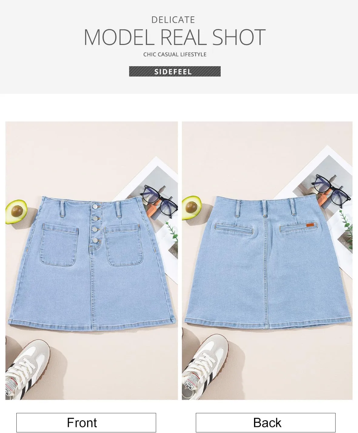 Sidefeel Women's Jean Skirt High Waist Summer Stretch Zimbaplatinum Denim Skirt Button Mini Skirt with Pockets