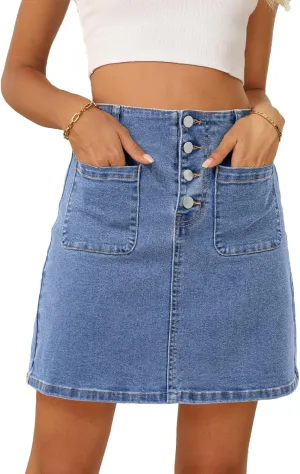 Sidefeel Women's Jean Skirt High Waist Summer Stretch Zimbaplatinum Denim Skirt Button Mini Skirt with Pockets