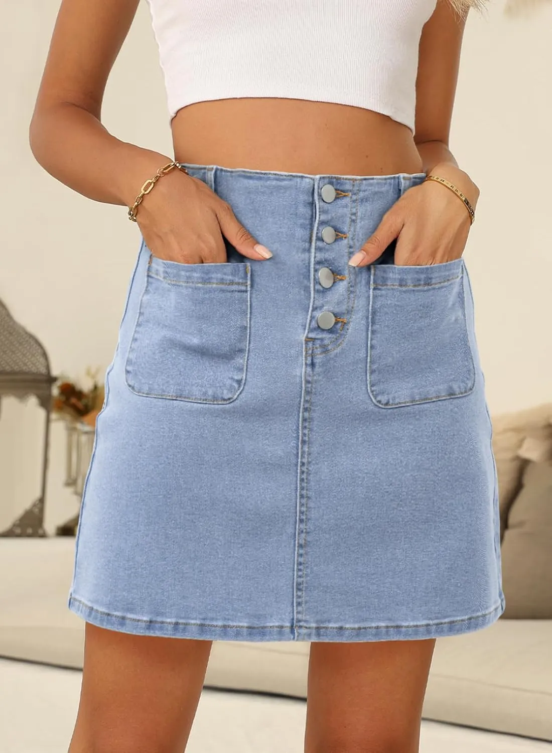 Sidefeel Women's Jean Skirt High Waist Summer Stretch Zimbaplatinum Denim Skirt Button Mini Skirt with Pockets