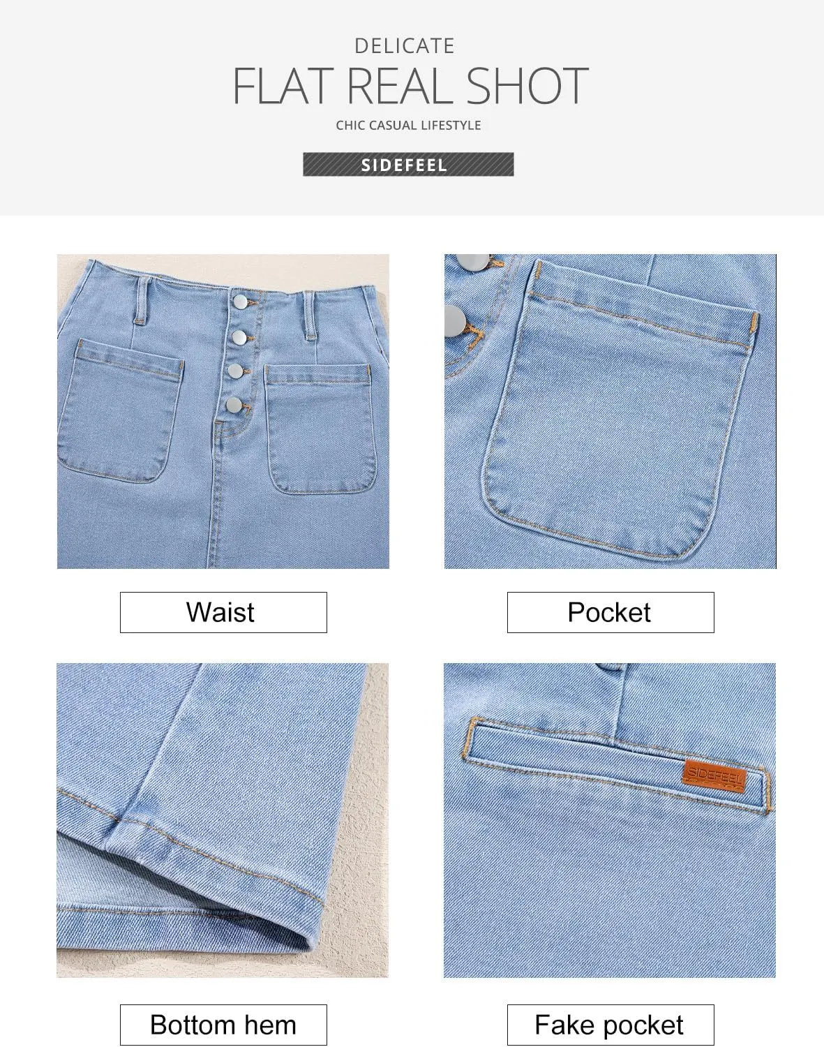 Sidefeel Women's Jean Skirt High Waist Summer Stretch Zimbaplatinum Denim Skirt Button Mini Skirt with Pockets