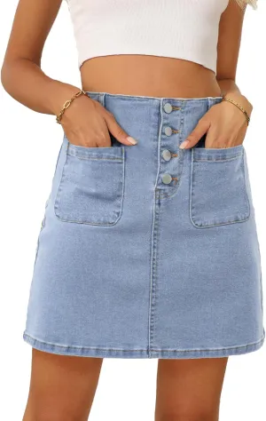 Sidefeel Women's Jean Skirt High Waist Summer Stretch Zimbaplatinum Denim Skirt Button Mini Skirt with Pockets