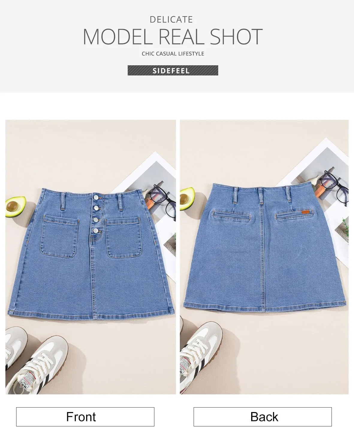 Sidefeel Women's Jean Skirt High Waist Summer Stretch Zimbaplatinum Denim Skirt Button Mini Skirt with Pockets
