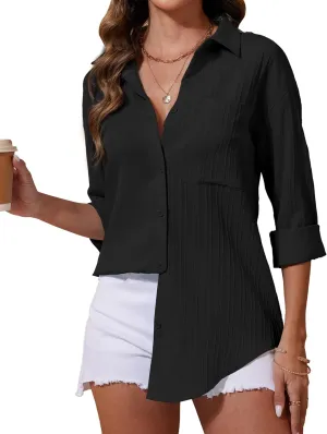 siliteelon Button Down Shirts for Women Casual Long Sleeve Dress Shirt Textured Collared Work Blouse with Pocket