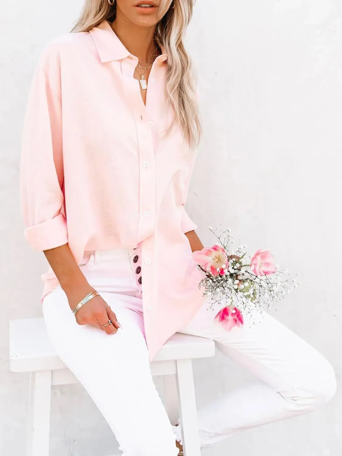 siliteelon Button Down Shirts for Women Dress Shirts Long Sleeve Wrinkle-Free Blouse Casual Solid Office Work Tunic Top