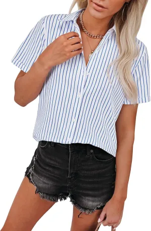 siliteelon Womens Cotton Button Down Shirts Short Sleeve Striped Fitted Dress Shirt Collared Blouse Office Work Top