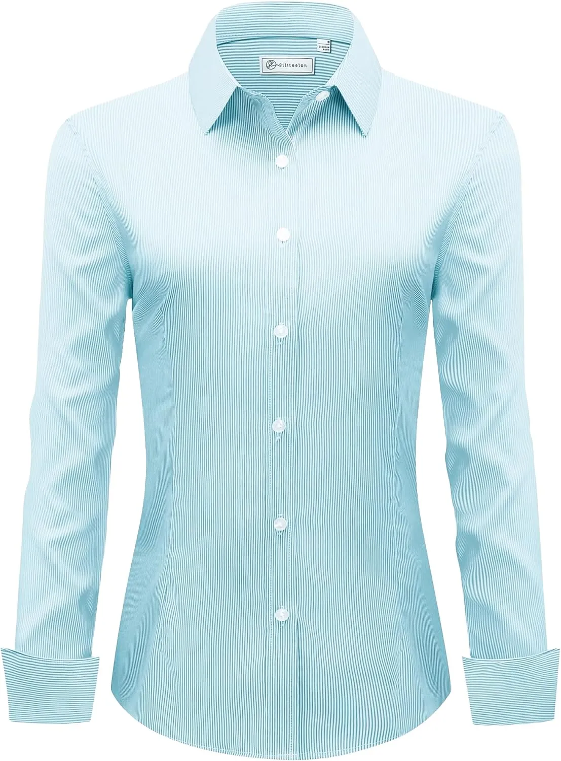 siliteelon Womens Stripe Dress Shirts Long Sleeve Button Down Wrinkle-Free Stretch Solid Casual Work Office Blouse Top
