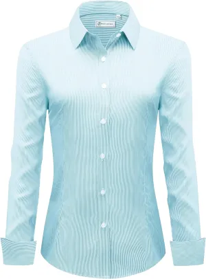 siliteelon Womens Stripe Dress Shirts Long Sleeve Button Down Wrinkle-Free Stretch Solid Casual Work Office Blouse Top